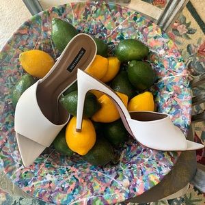 BCBG White Heeled Open Toe Mule with exaggerated Pointy Toe